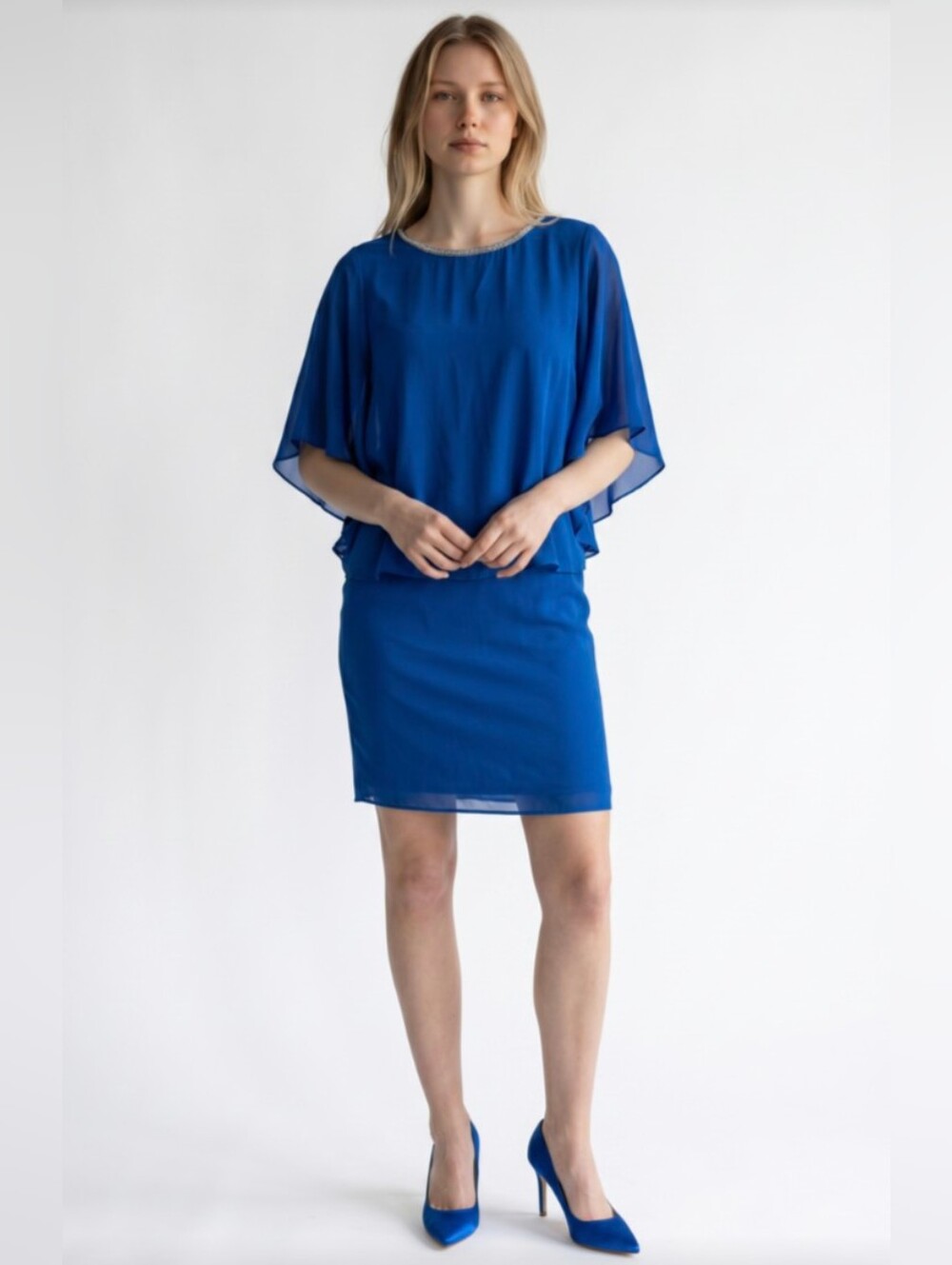 NWT@$295! HALSTON! SILK+! ROYAL BLUE & GOLD 2 PC LOOK, 1 PC SILK BLEND DRESS! 4